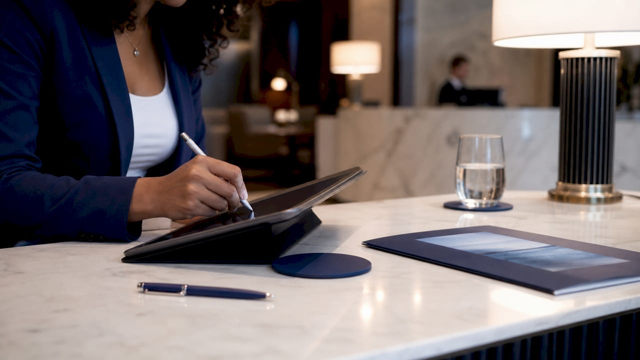 Close das mãos assinando um contrato digital em um tablet