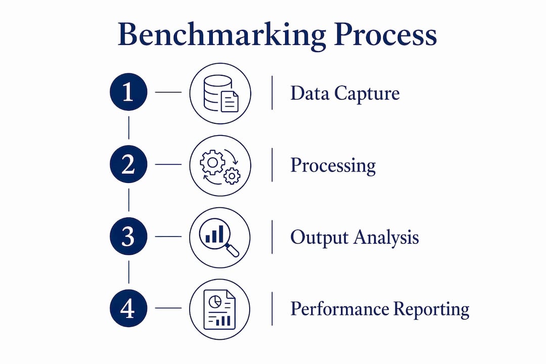 Infográfico com as etapas do processo de benchmarking automatizado em academias