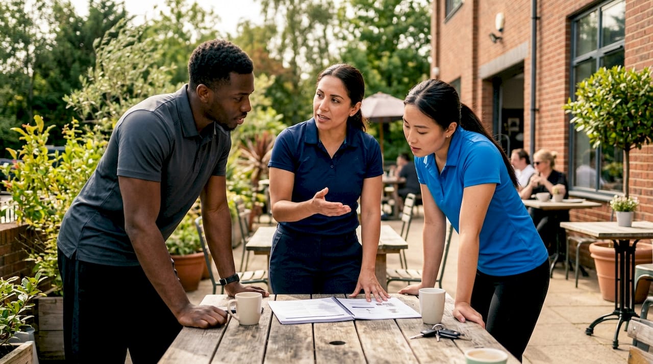 Equipe da academia em treinamento discutindo o engajamento da comunidade