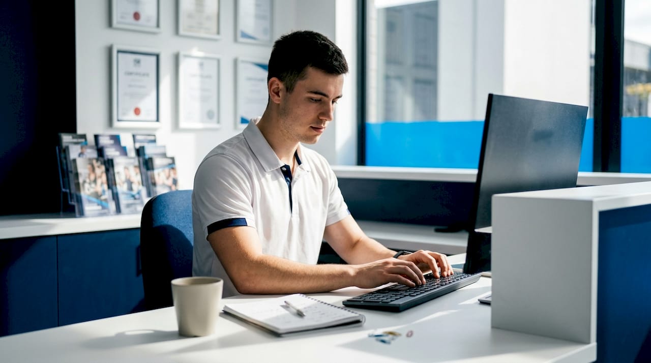 Mãos digitando em um computador na recepção da academia